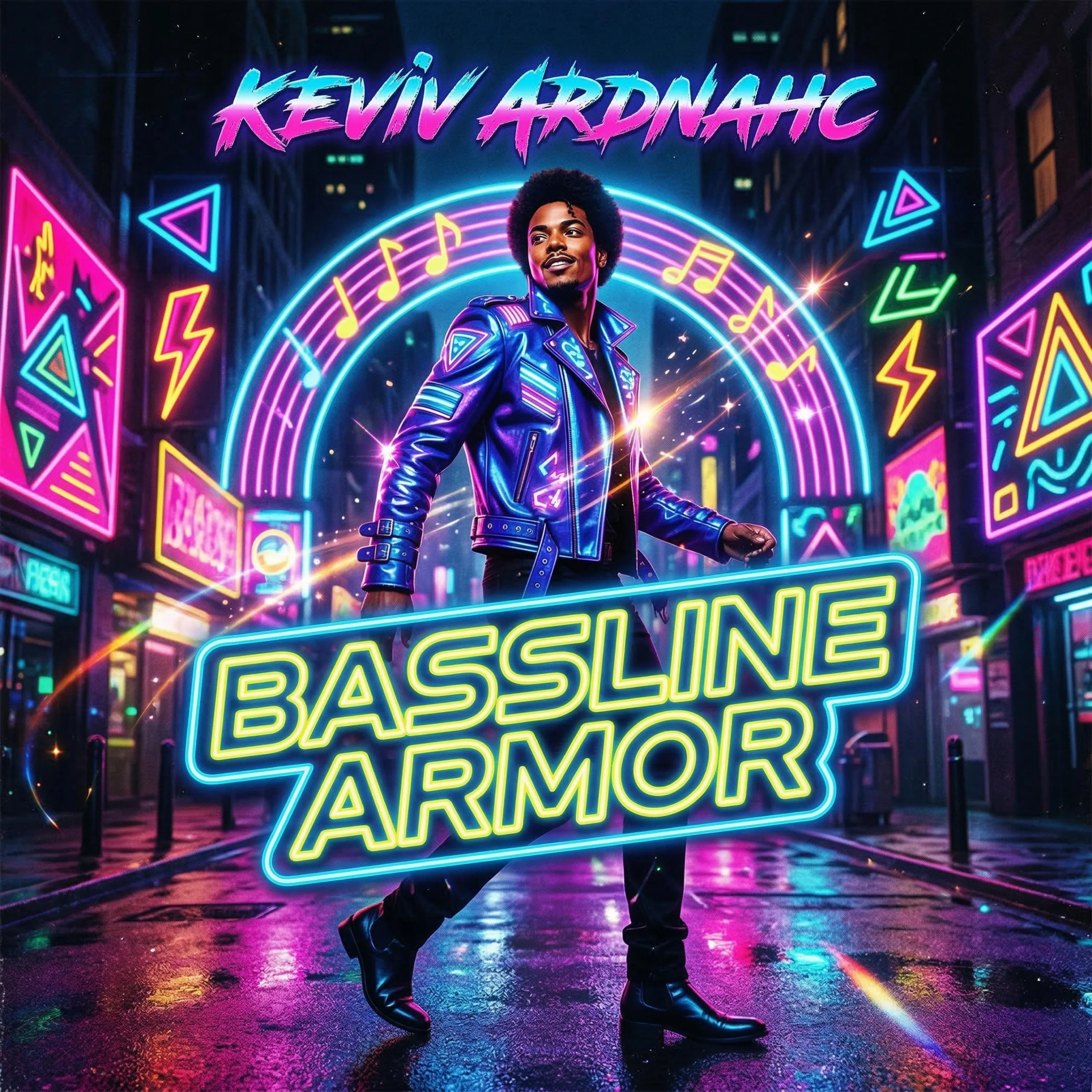 Bassline Armor cover: a figure surrounded by neon pink, blue and green lights, with bold illustrated lettering.