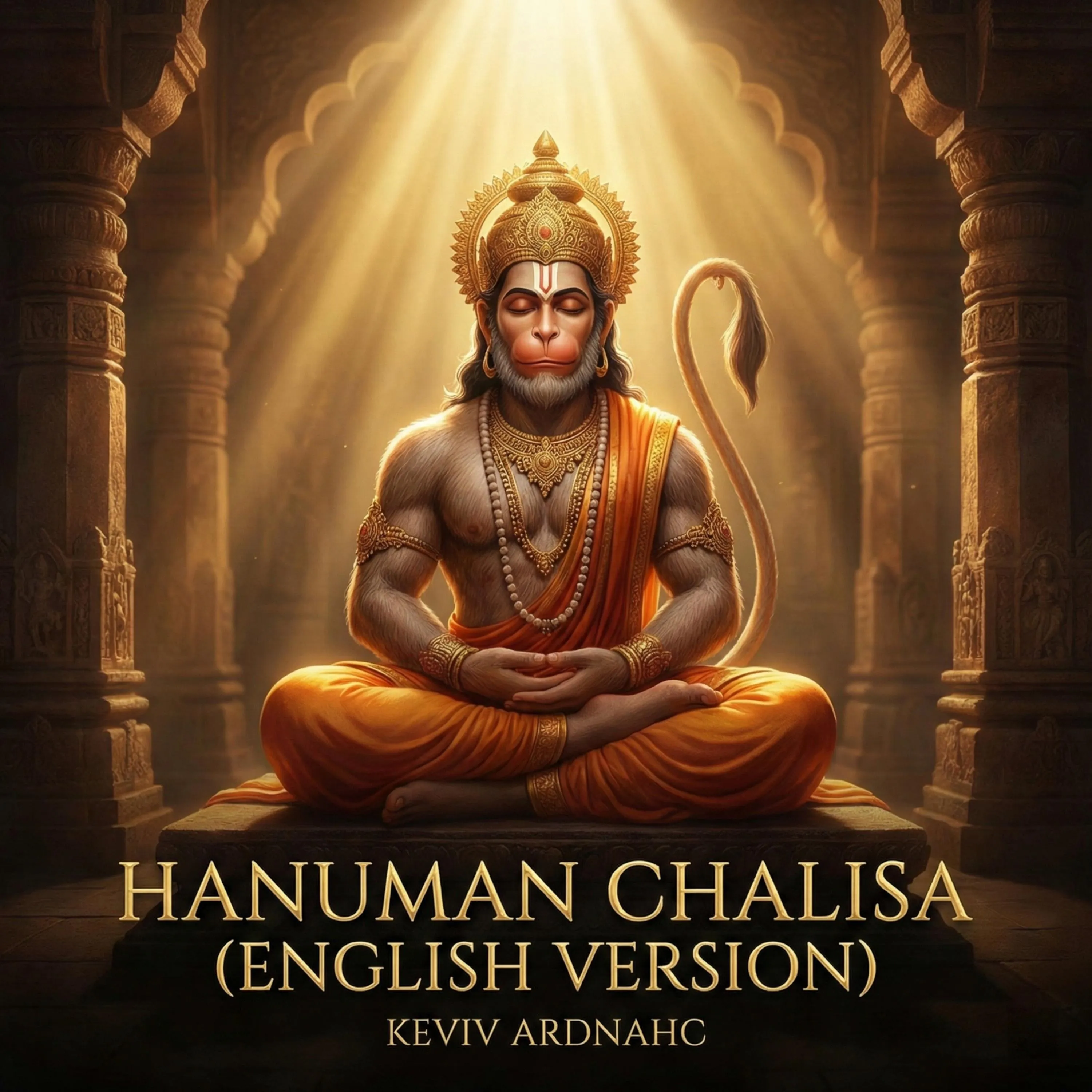 Hanuman Chalisa (English Version) cover: Hanuman seated in meditation beneath golden light in a pillared temple.