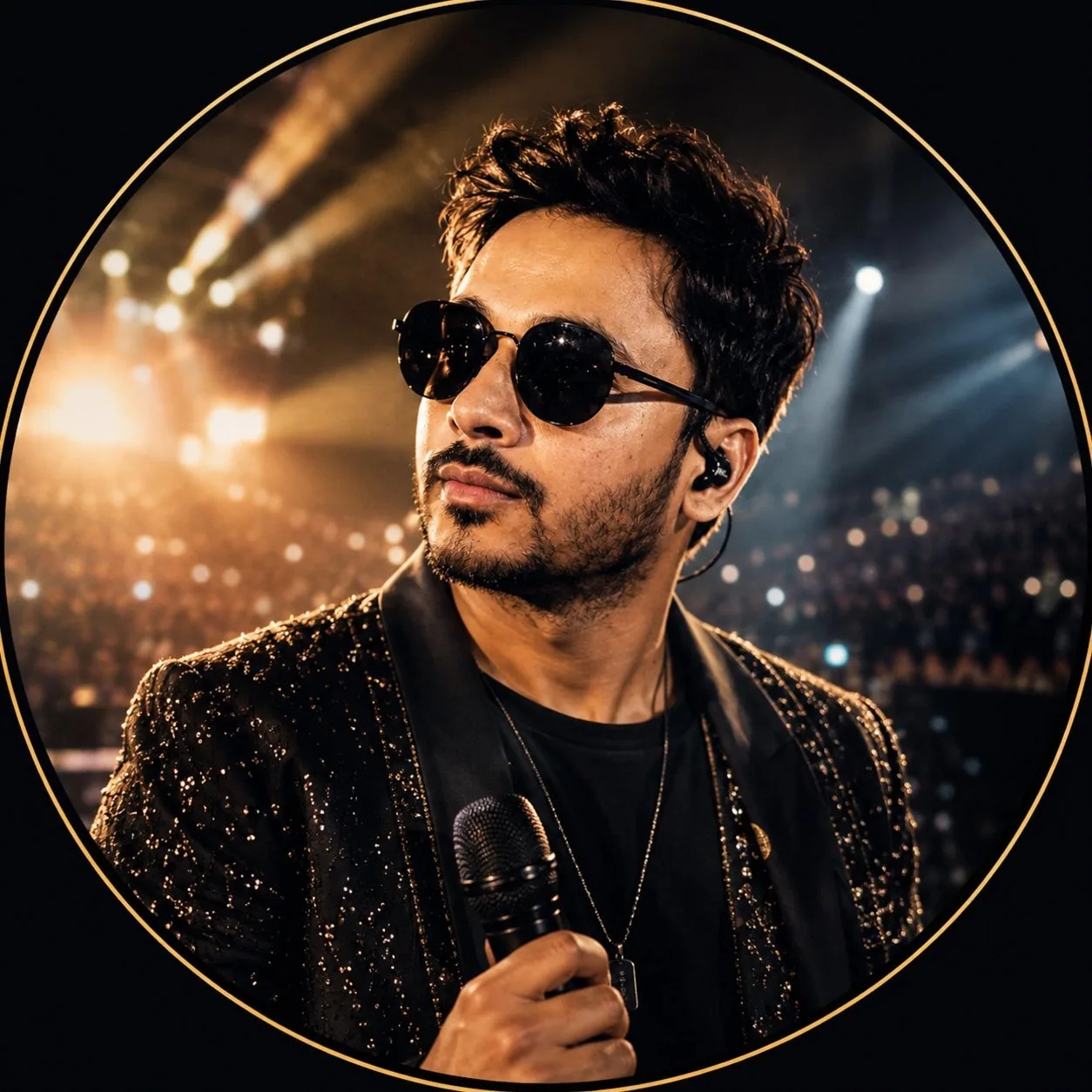 Portrait artwork of Keviv Ardnahc in sunglasses and a gold-flecked jacket, holding a microphone against stage lights.