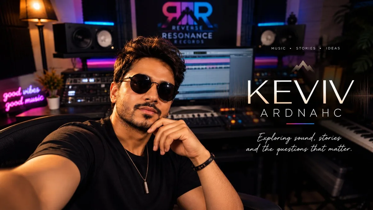 Studio portrait artwork of Keviv Ardnahc wearing sunglasses, seated in front of a mixing desk and speakers.