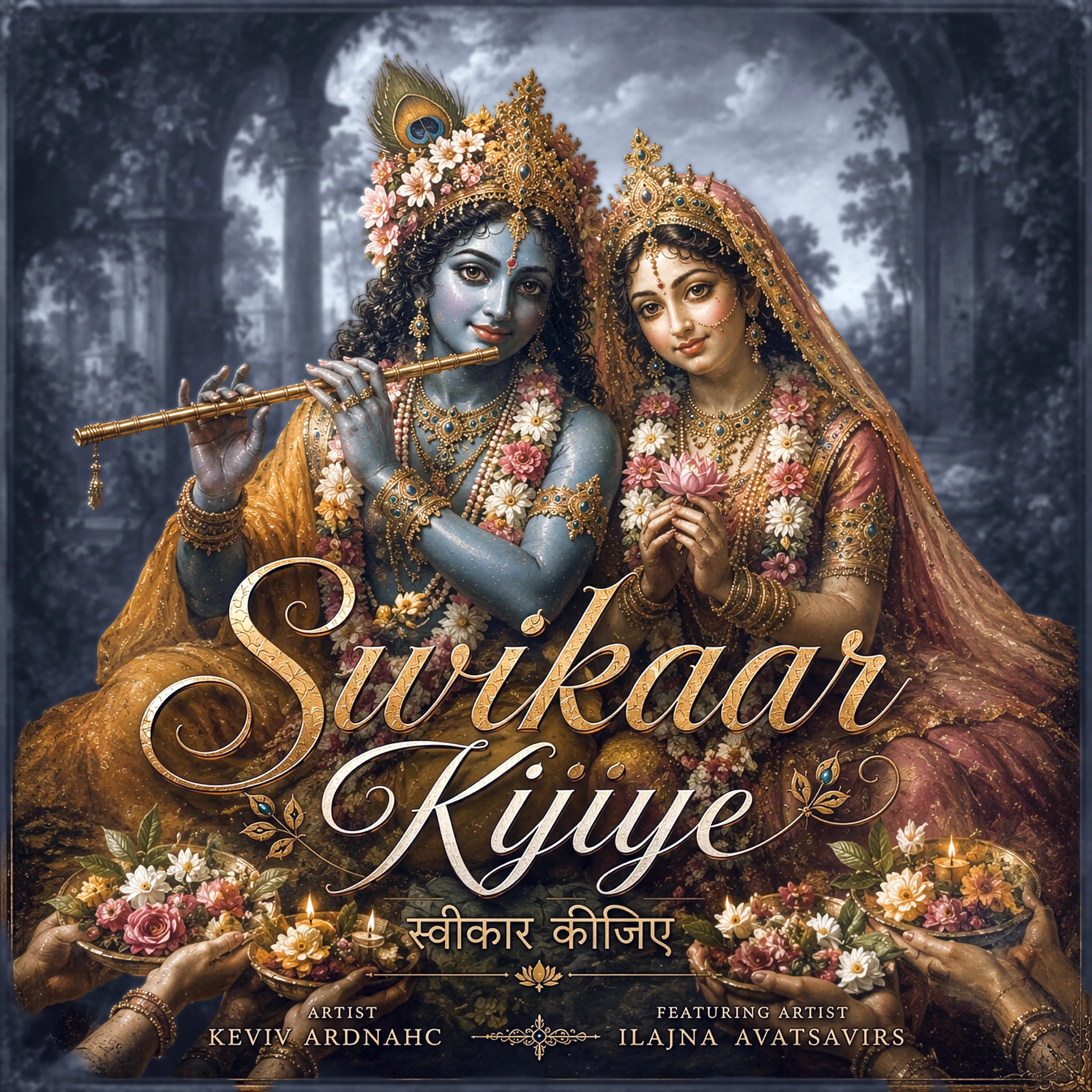 Swikaar Kijiye cover: Radha and Krishna together among flowers, with Krishna holding a flute.